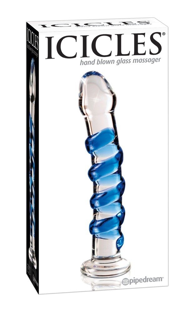 Dildo sticla Icicles No 5 - vedere laterala spiral albastru cu baza