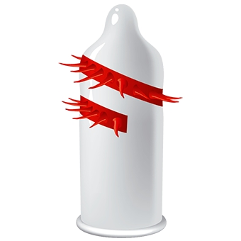Detaliu al benzilor striate rosii de pe corpul prezervativului Egzo Dragon Lord's