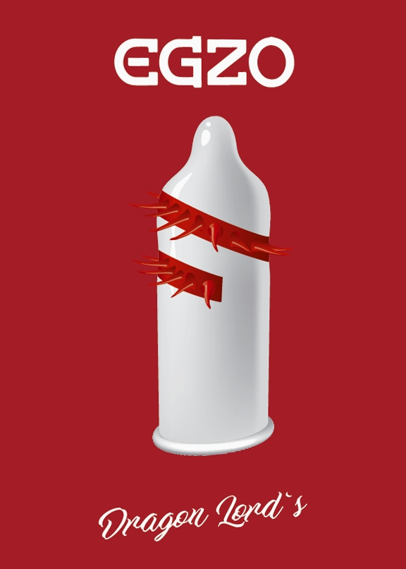 Prezervativ Egzo Dragon Lord's, ilustratie oficiala cu benzile striate rosii diagonale si branding EGZO