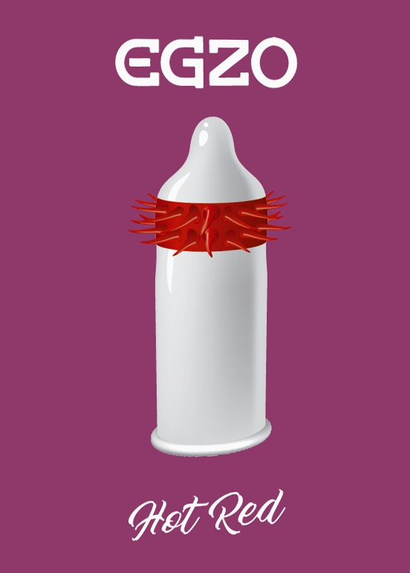 Prezervativ Egzo Hot Red, ilustratie oficiala cu inelul striat rosu si branding EGZO