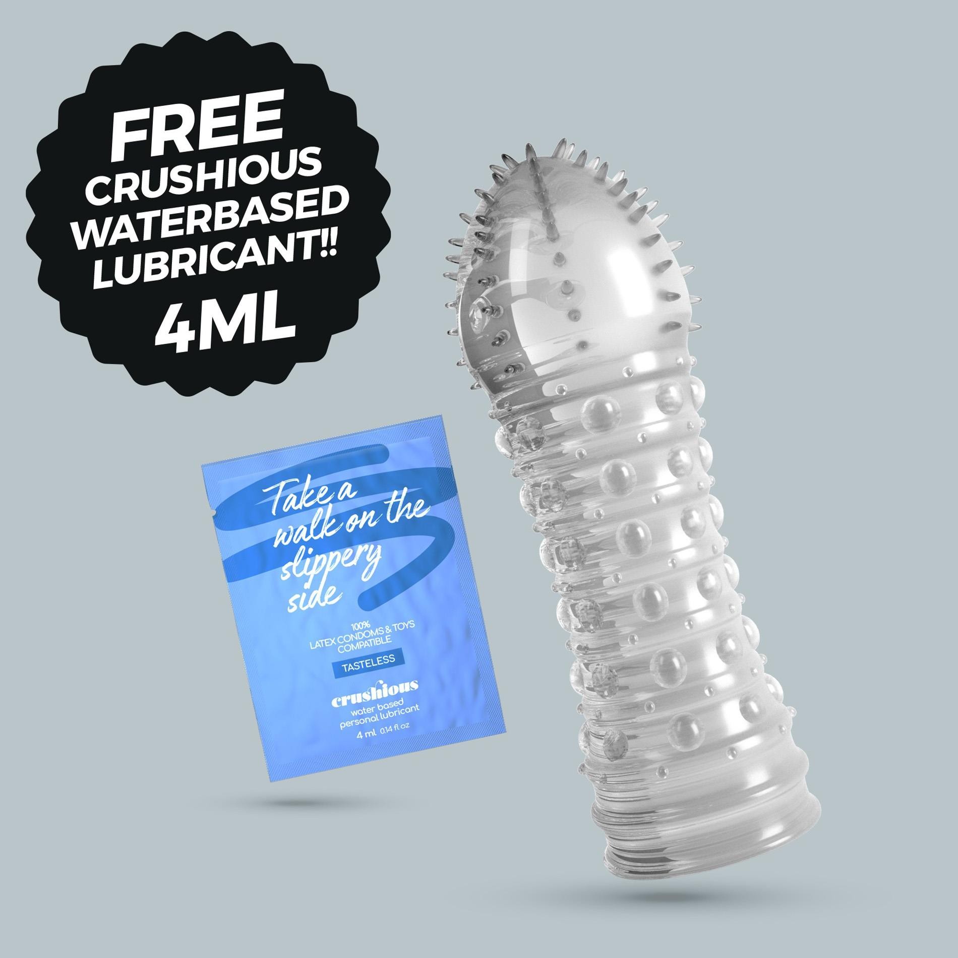 Manson Crushious Dotted Sleeve alaturi de saseta de lubrifiant Crushious pe baza de apa, 4 ml, oferita cadou