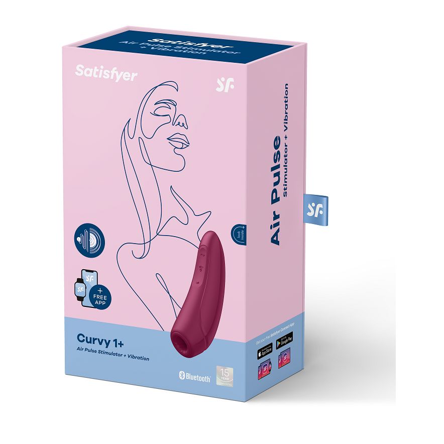 Satisfyer Curvy 1+ Air Pulse Stimulator, cutie roz cu design vibrator rosu bordo, Bluetooth si aplicatie gratuita