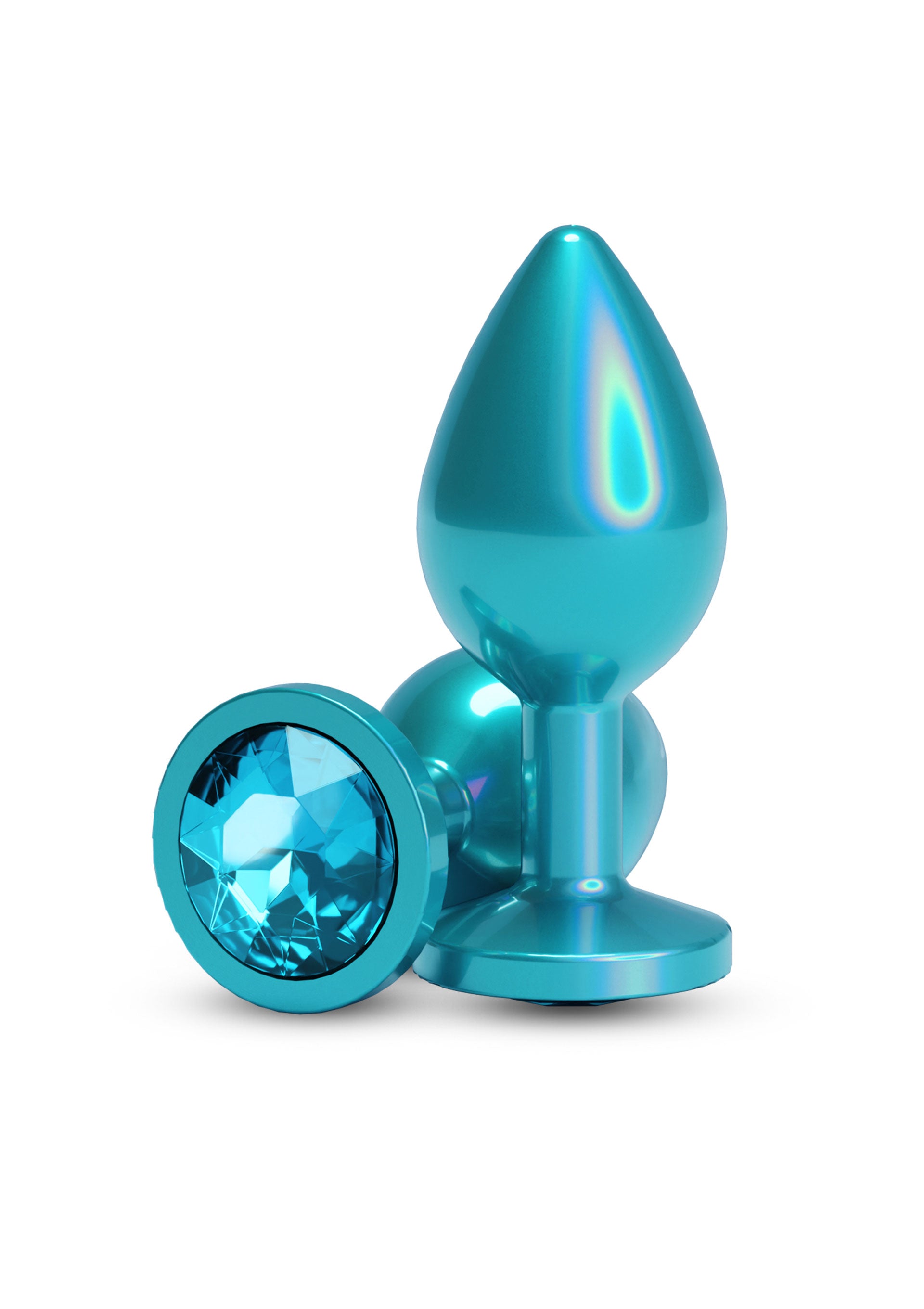 Doua plug-uri anale din aluminiu irizant Verde-turcoaz, unul in picioare cu varful conic vizibil, celalalt culcat aratand baza cu cristal fatetat albastru-deschis