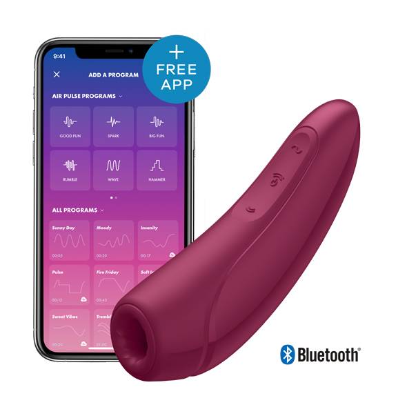 Satisfyer Curvy 1+ conectat prin Bluetooth la aplicatia Satisfyer Connect, programe Air Pulse afisate pe telefon