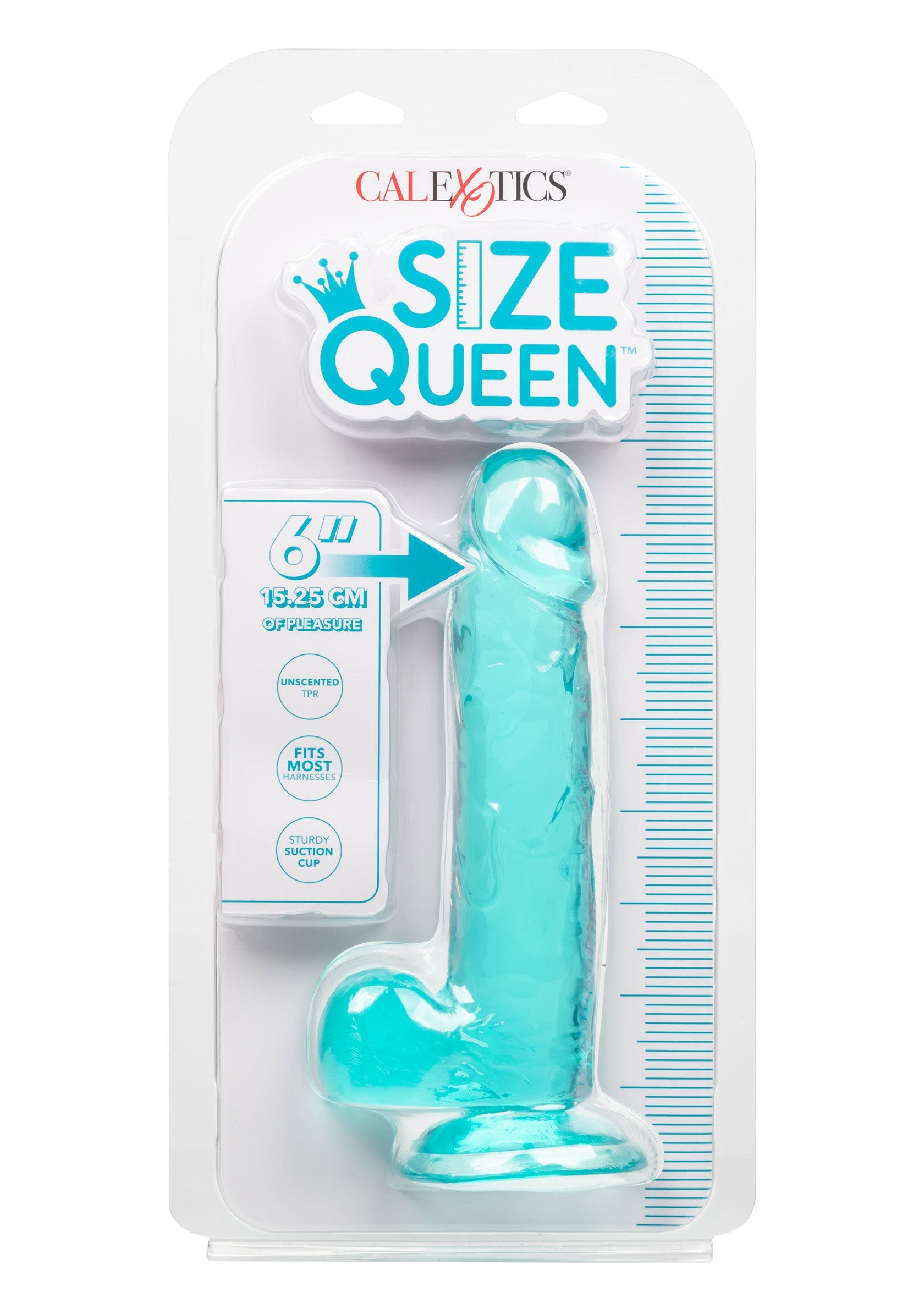 Dildo CalExotics Queen Size albastru, detaliu baza ventuza si testicule