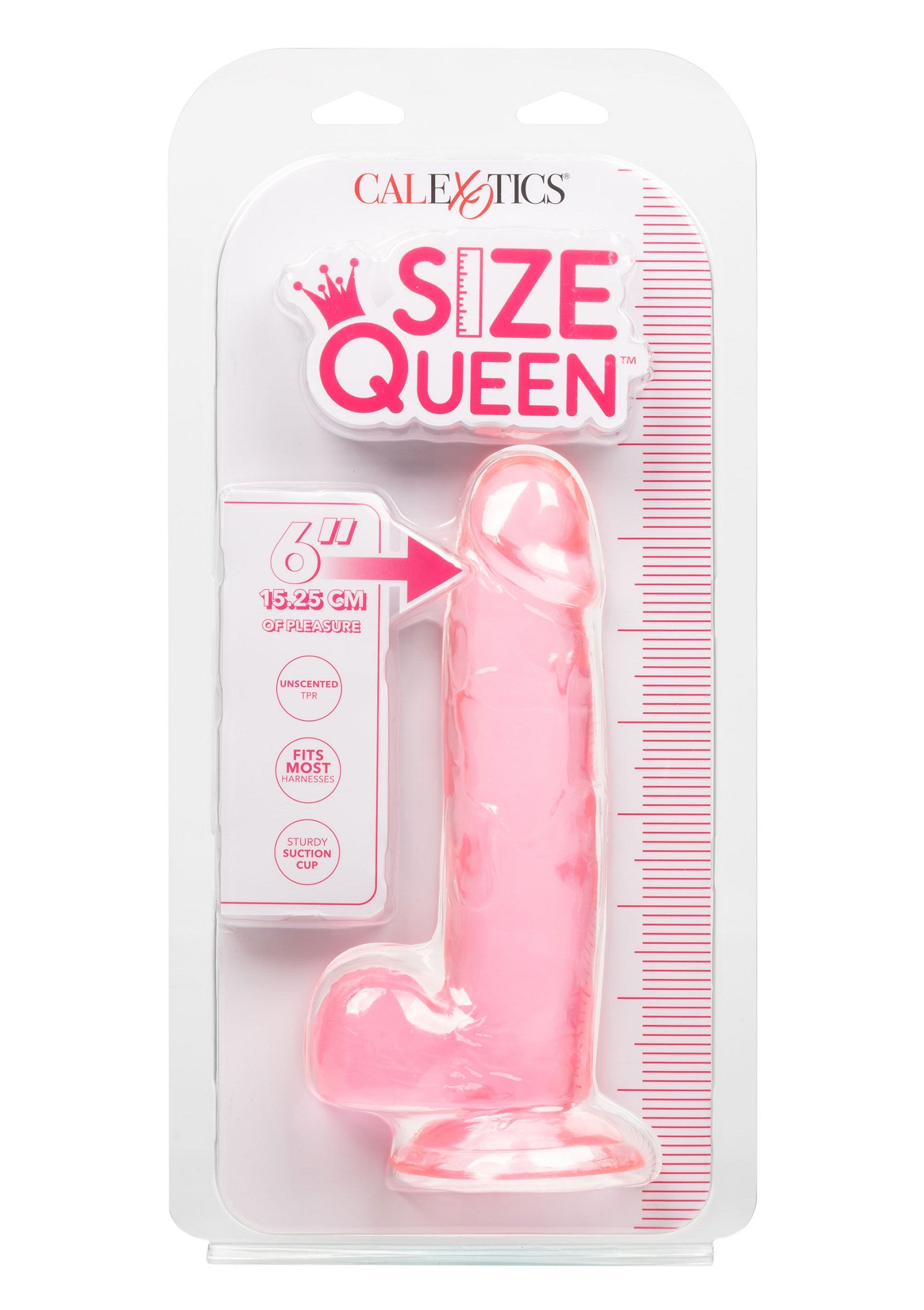 Dildo CalExotics Queen Size roz, detaliu baza ventuza si testicule
