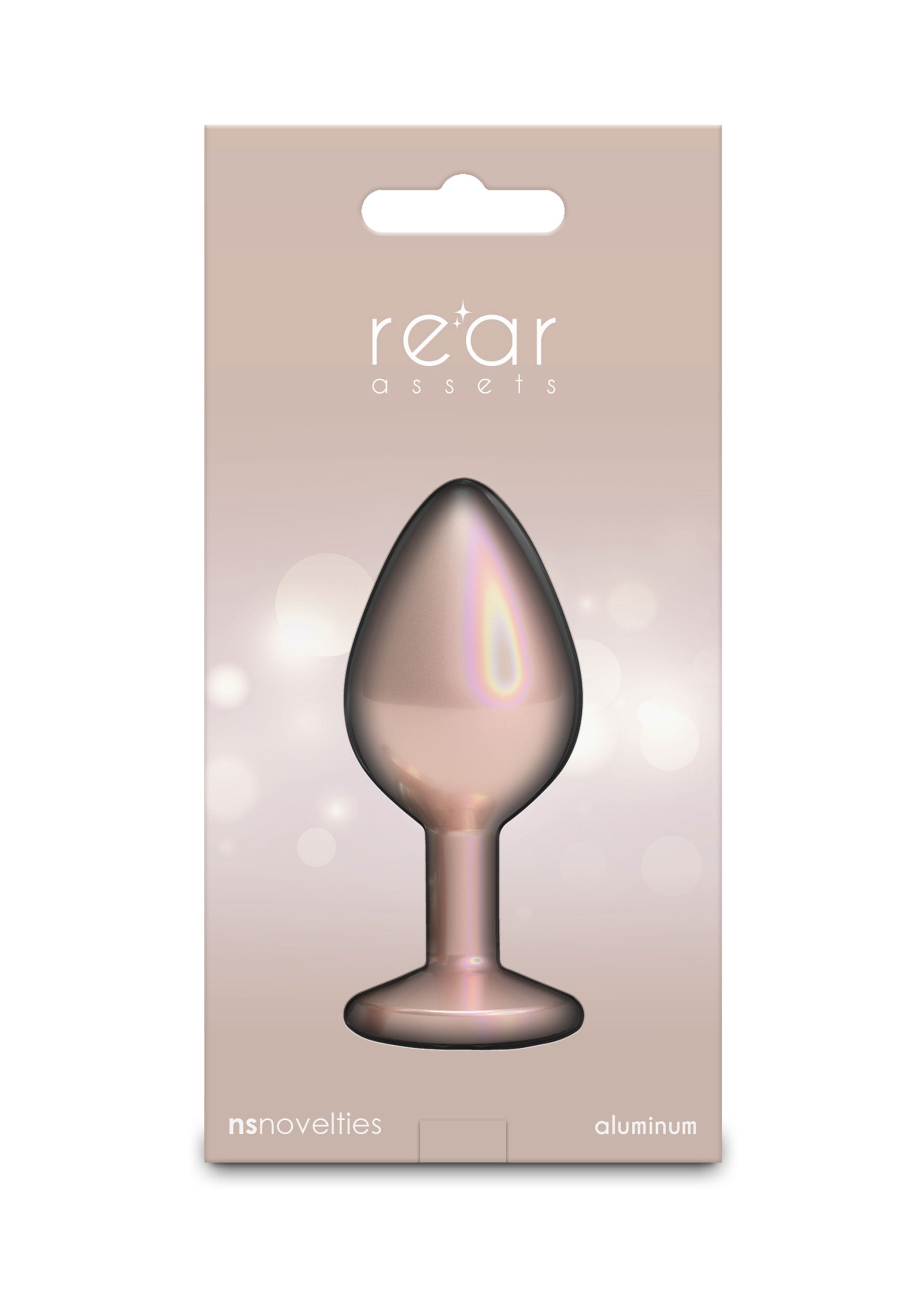 Cutia Rear Assets Roz Auriu fotografiata frontal, prim-plan, cu plugul si baza cu cristal vizibile pe eticheta