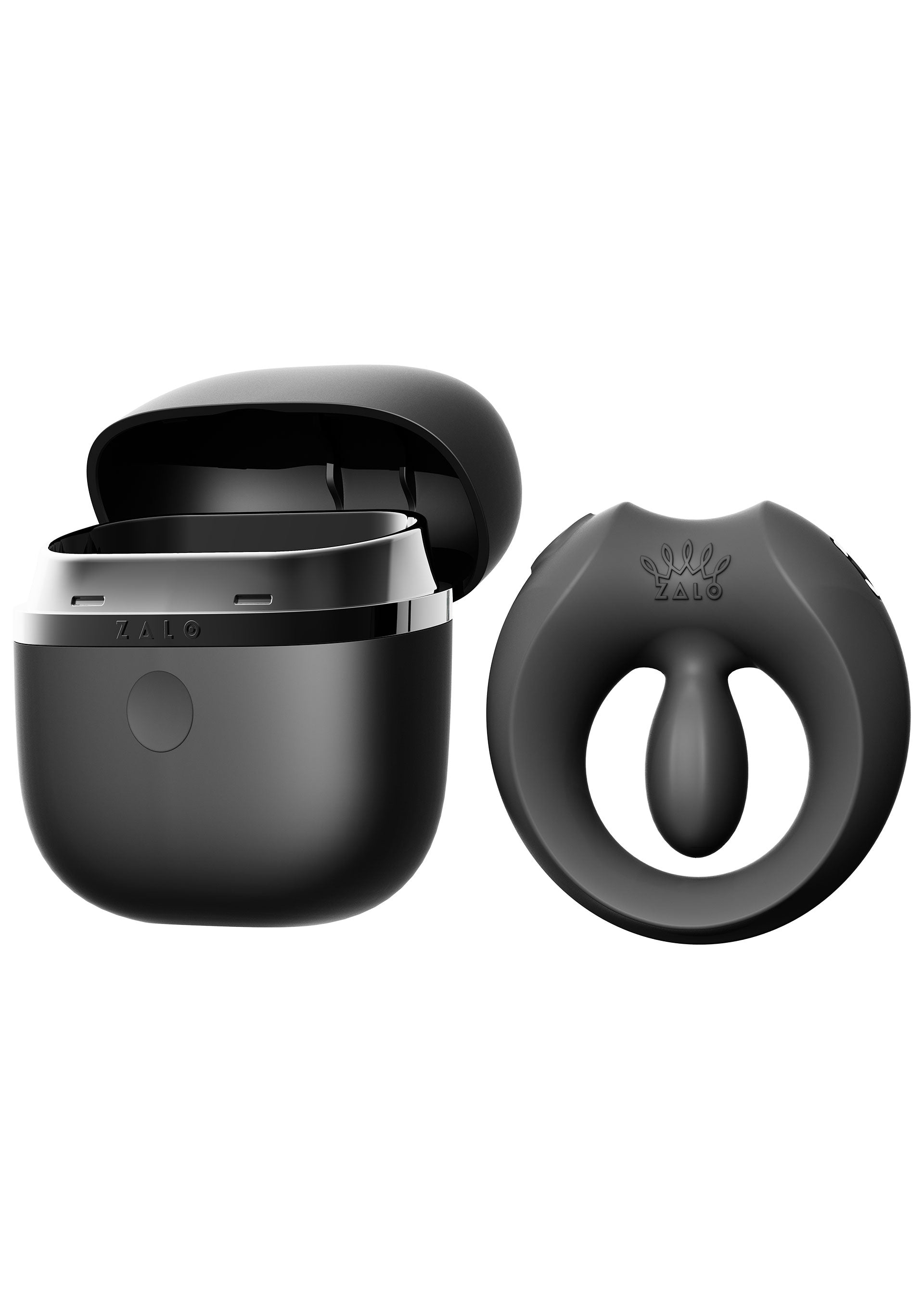 Inel cuplu vibrant ZALO Apis negru, cu cutie de incarcare tip casti wireless