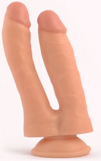 Dildo dublu VSCNOVELTY bej 18.5cm doua dildo unite baza ventuza penetrare vaginala anala