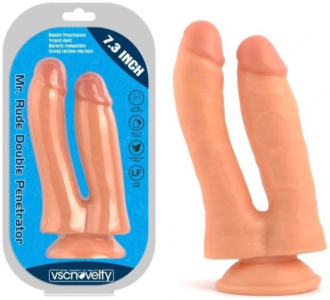 Dildo dubla penetrare VSCNOVELTY silicon bej 18.5cm doua capete vedere principala