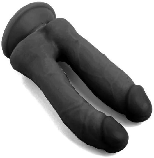 Dildo dubla penetrare negru 18.5cm VSCNOVELTY harness compatibil O-ring 3.56cm ventoza