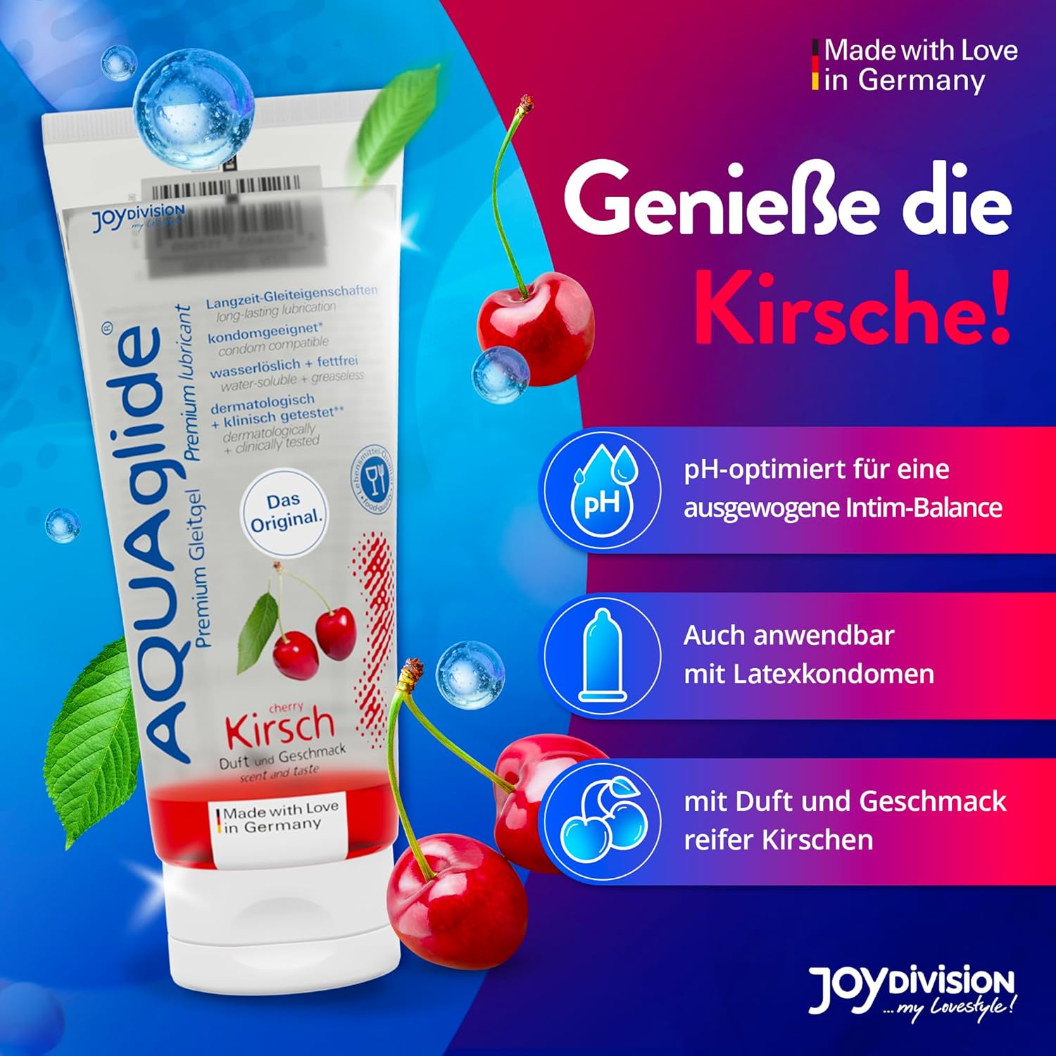 AQUAglide 100ml Cirese JoyDivision lubrifiant food grade vegan fara grasimi testat dermatologic Germania