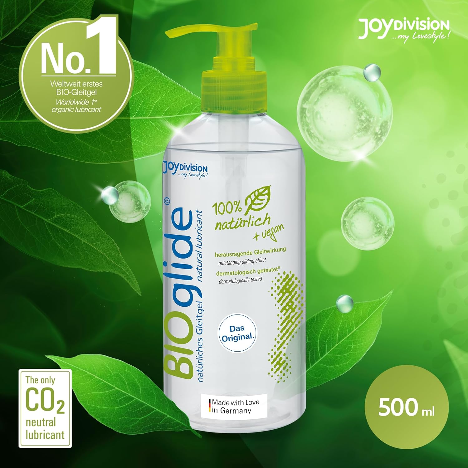 BIOglide Natural 500ml dispenser pompa JoyDivision lubrifiant natural vegan CO2-neutru BDiH profesional