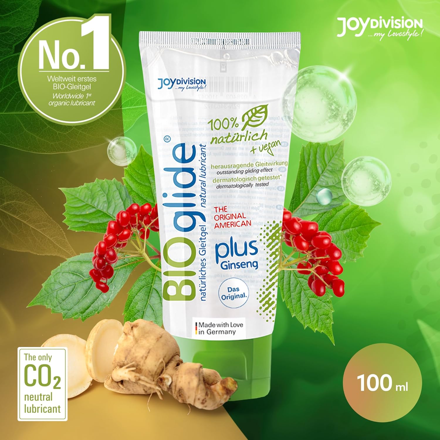 BIOglide Plus Ginseng JoyDivision CO2-neutru BDiH 25 ani calitate pH echilibrat compatibil prezervative jucarii sexuale