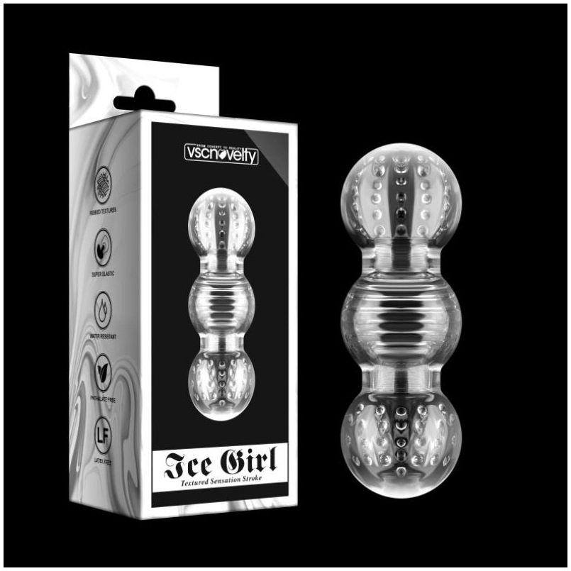 Masturbator Ice Girl transparent, trei camere texturate, deschis la ambele capete