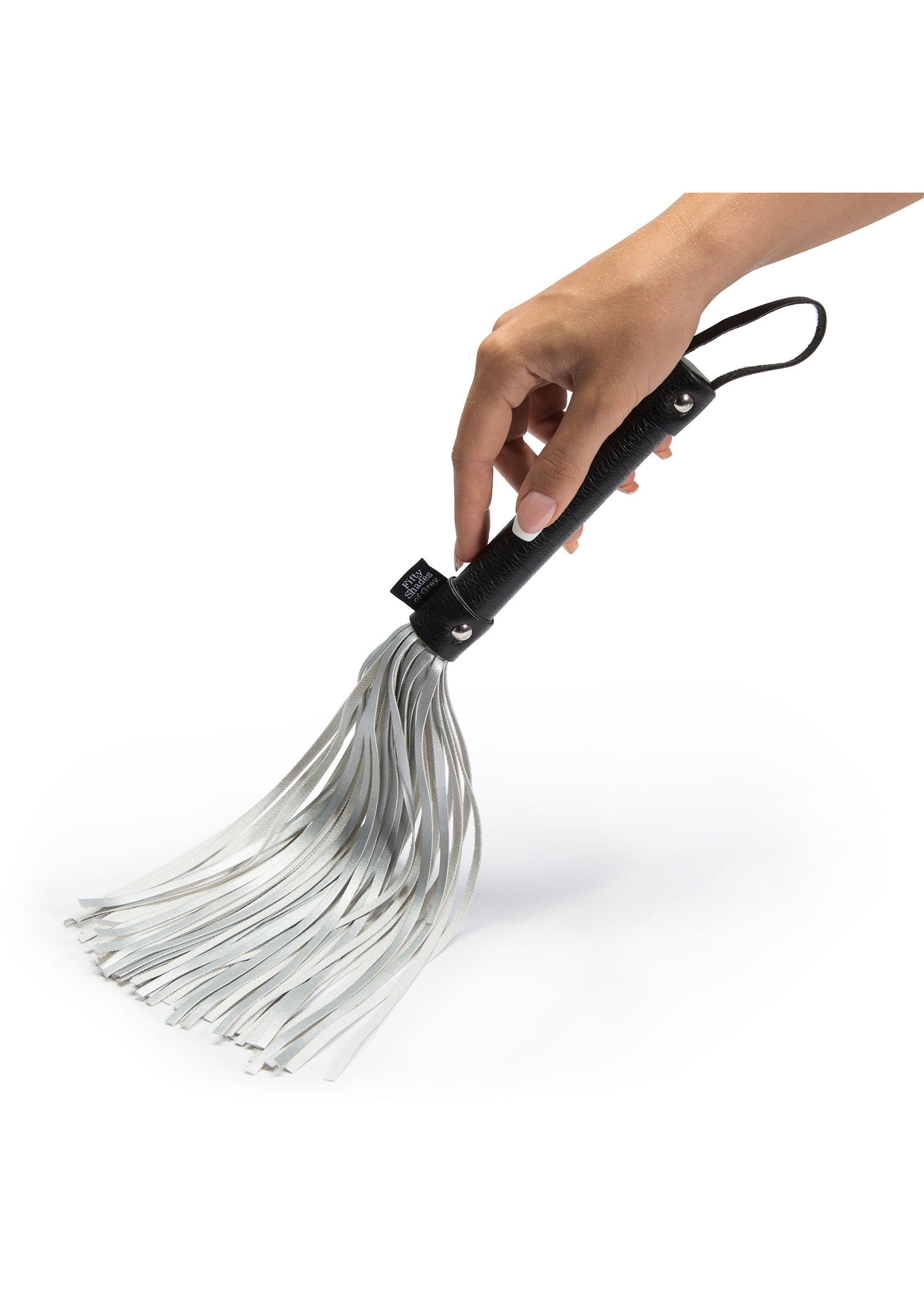 Fifty Shades of Grey Flogger argintiu - detaliu franjuri piele ecologica
