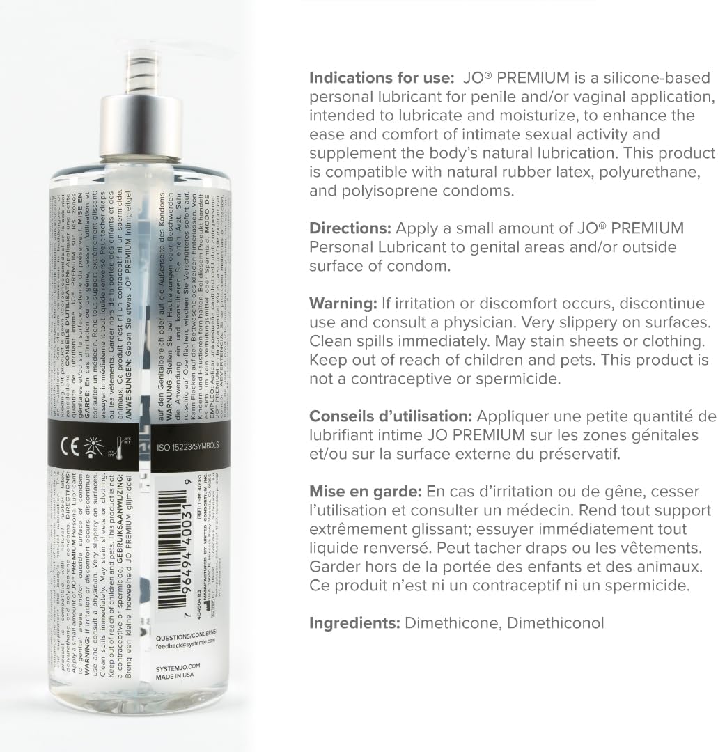 JO Premium Original 480ml alunecare lunga durata rezistent apa fara parabeni siloxani compatibil prezervative