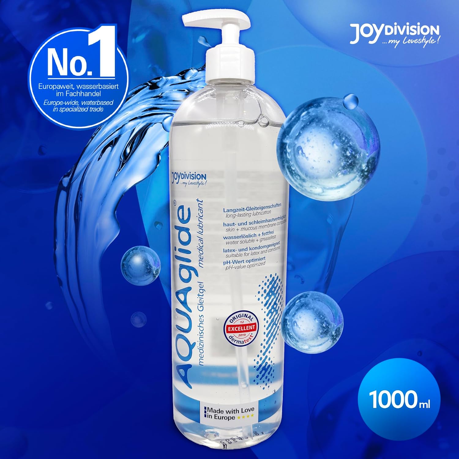 AQUAglide 1000ml flacon mare JoyDivision lubrifiant vegan fara grasimi inodor glicerina alantoina Germania cel mai mic cost per ml