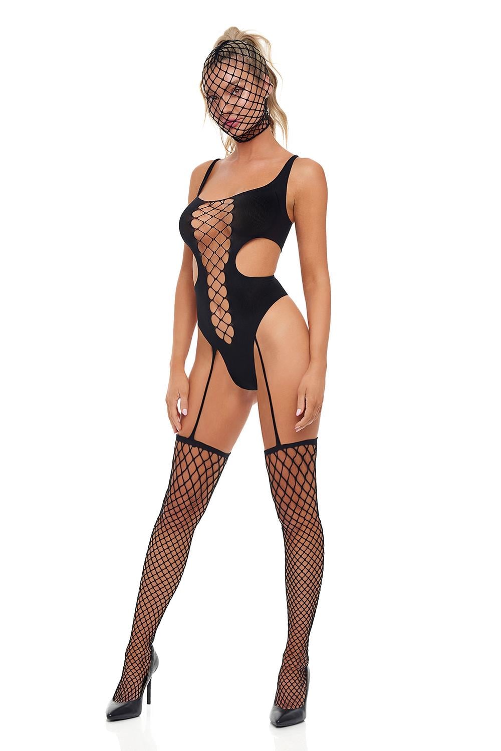 Bodystocking plasa Pink Lipstick Sin N Chill Negru cu masca inclusa - vedere frontala decupaj bust