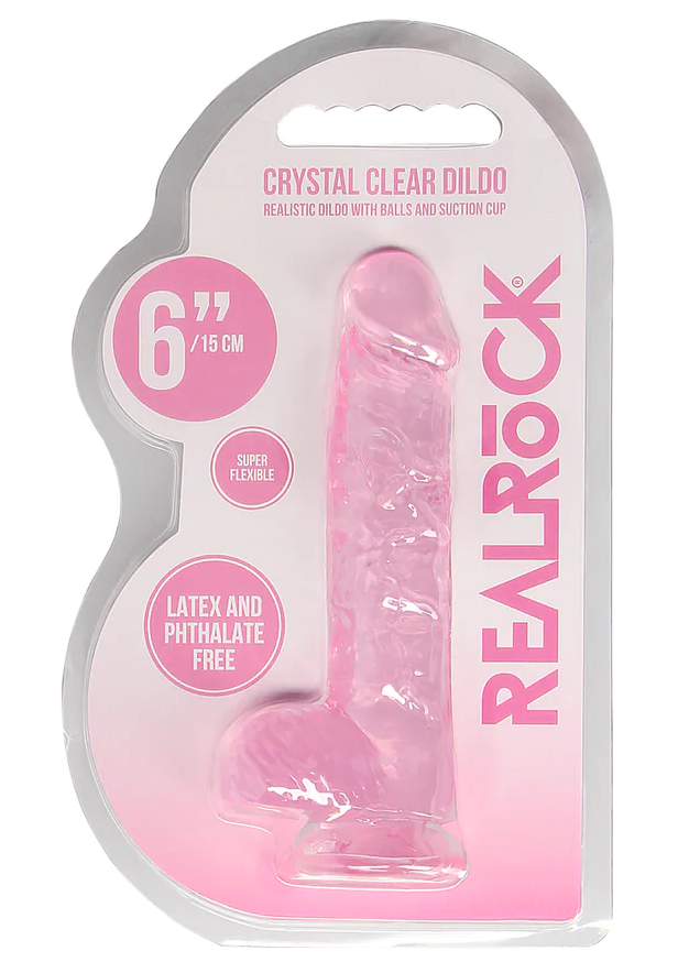 Dildo RealRock Crystal Clear roz, cutia originala cu specificatii 6 inch / 15 cm