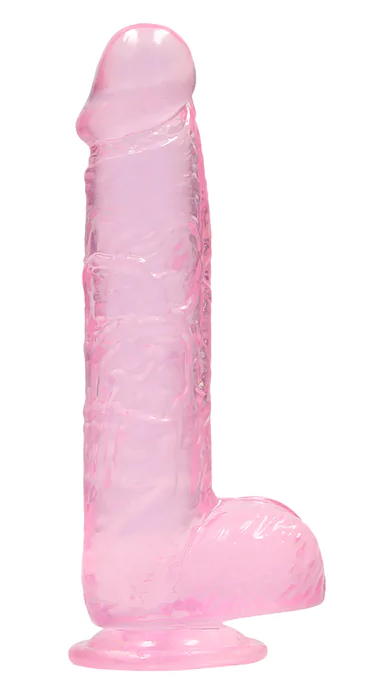 Dildo RealRock Crystal Clear roz, profil complet cu testicule realiste si ventuza la baza