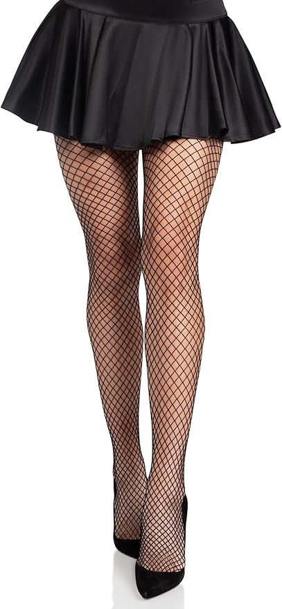 Ciorapi plasa Gia Leg Avenue negri fishnet purtati cu fusta mini neagra stiletto vedere frontala dresuri elastan industrial mesh outfit styling