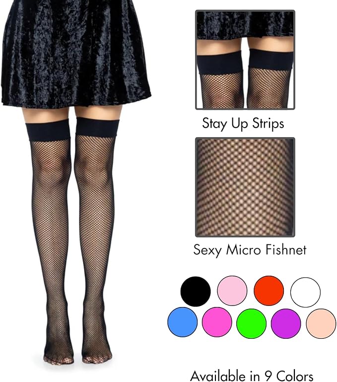 Infografic Leg Avenue 9011: banda Stay Up, detaliu micro fishnet si paleta de 9 culori disponibile