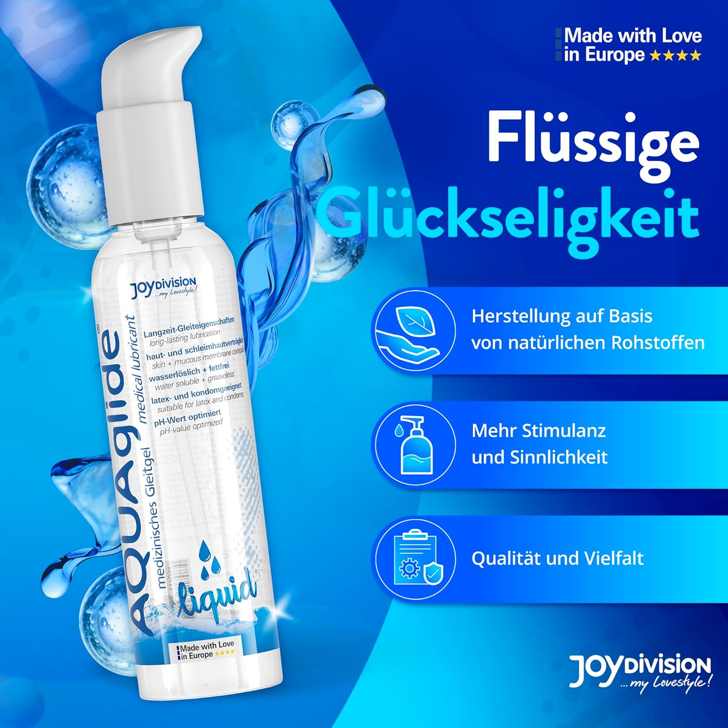 AQUAglide Liquid 250ml JoyDivision lubrifiant extra-fluid testat clinic dermatologic hipoalergenic pH optim fabricat Germania