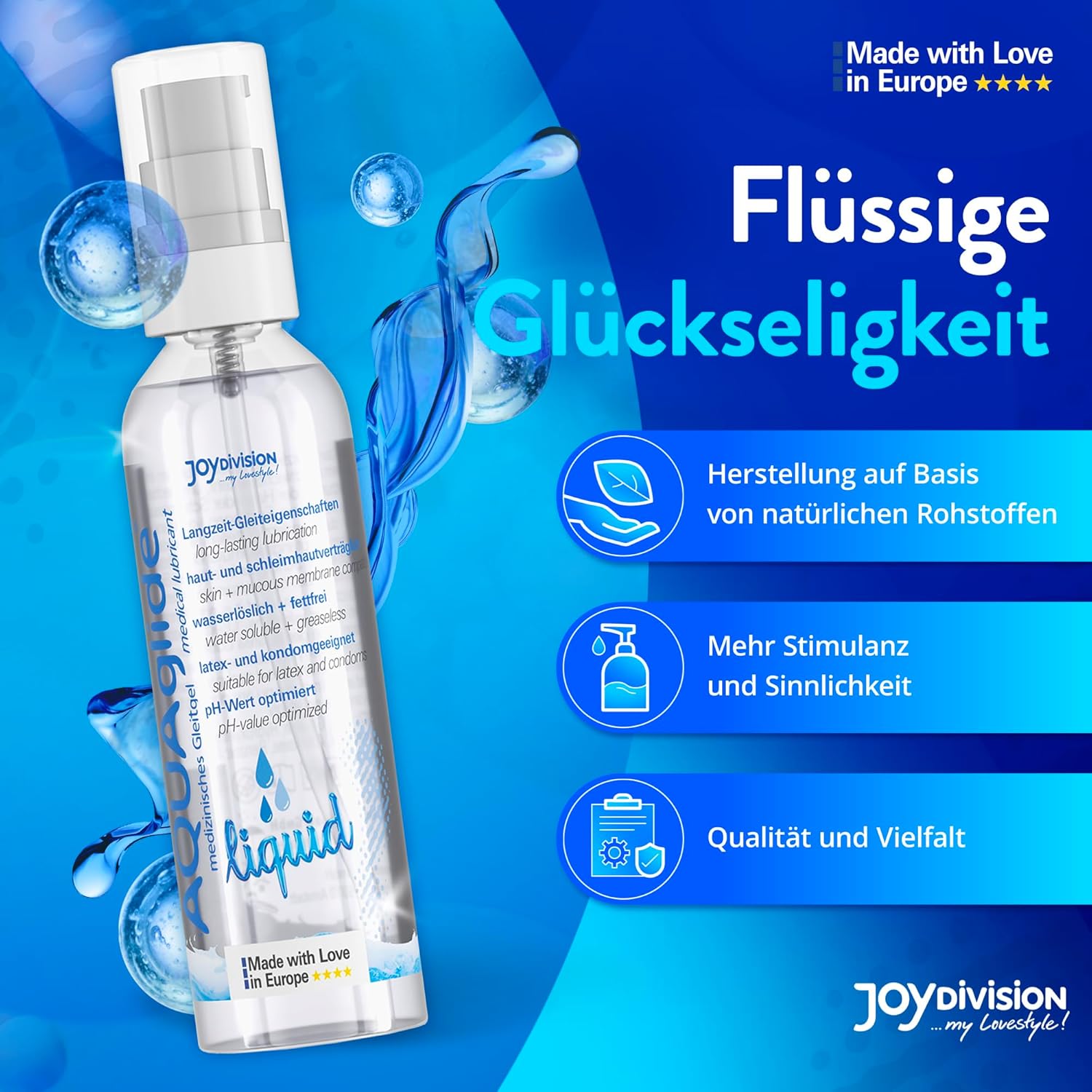 AQUAglide Liquid JoyDivision 50ml flacon pompita lubrifiant hipoalergenic fara coloranti vegan pH optim Germania