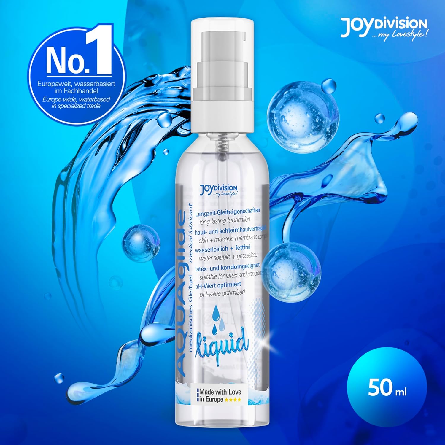 AQUAglide Liquid 50ml JoyDivision flacon pompita lubrifiant extra-fluid pe baza de apa compatibil latex silicon sex oral vaginal anal