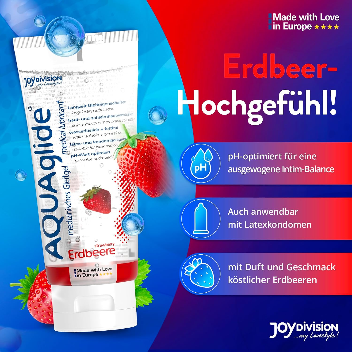 AQUAglide 100ml Capsuni JoyDivision lubrifiant food grade vegan fara grasimi testat dermatologic Germania