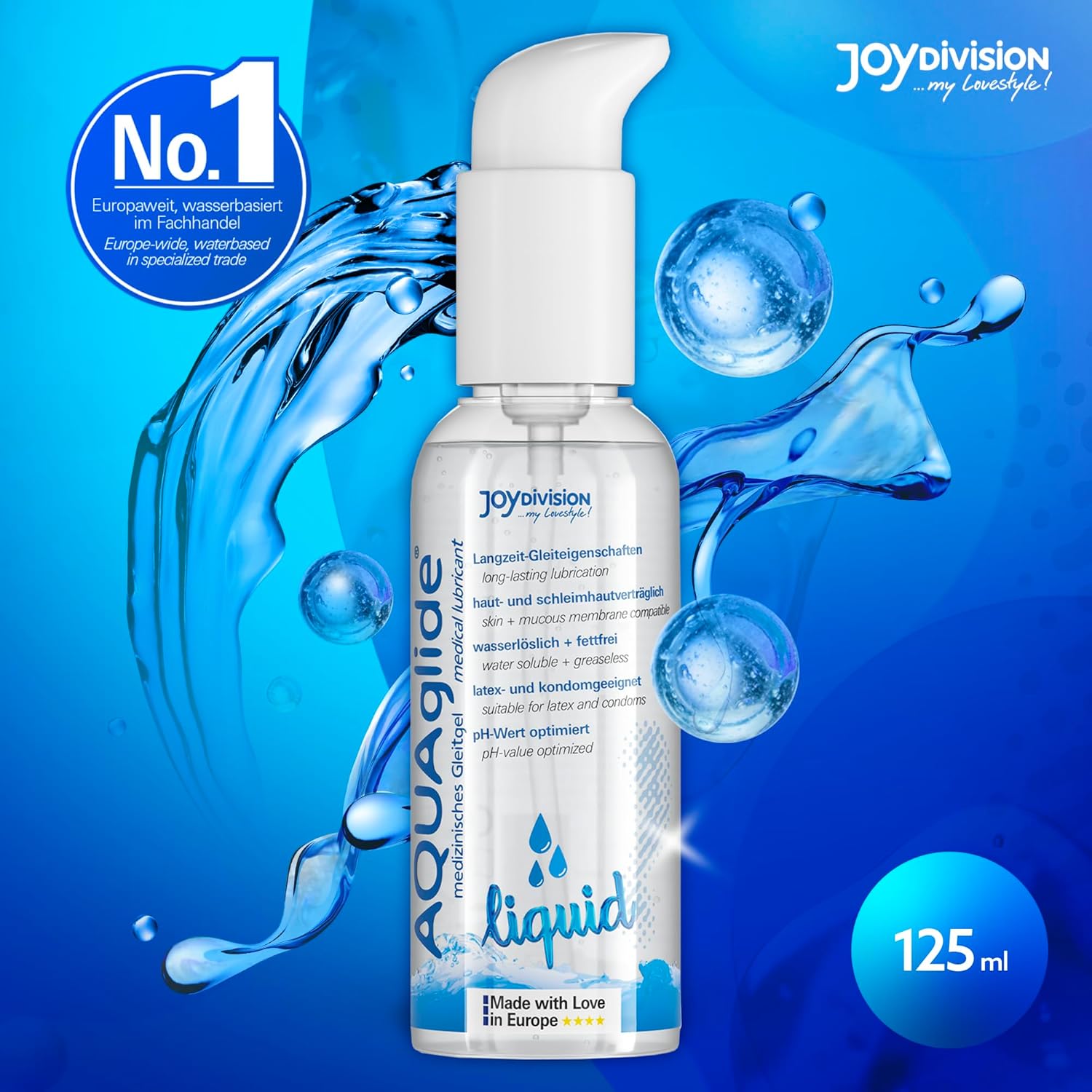 AQUAglide Liquid 125ml JoyDivision flacon pompita lubrifiant extra-fluid pe baza de apa compatibil latex silicon sex oral vaginal anal