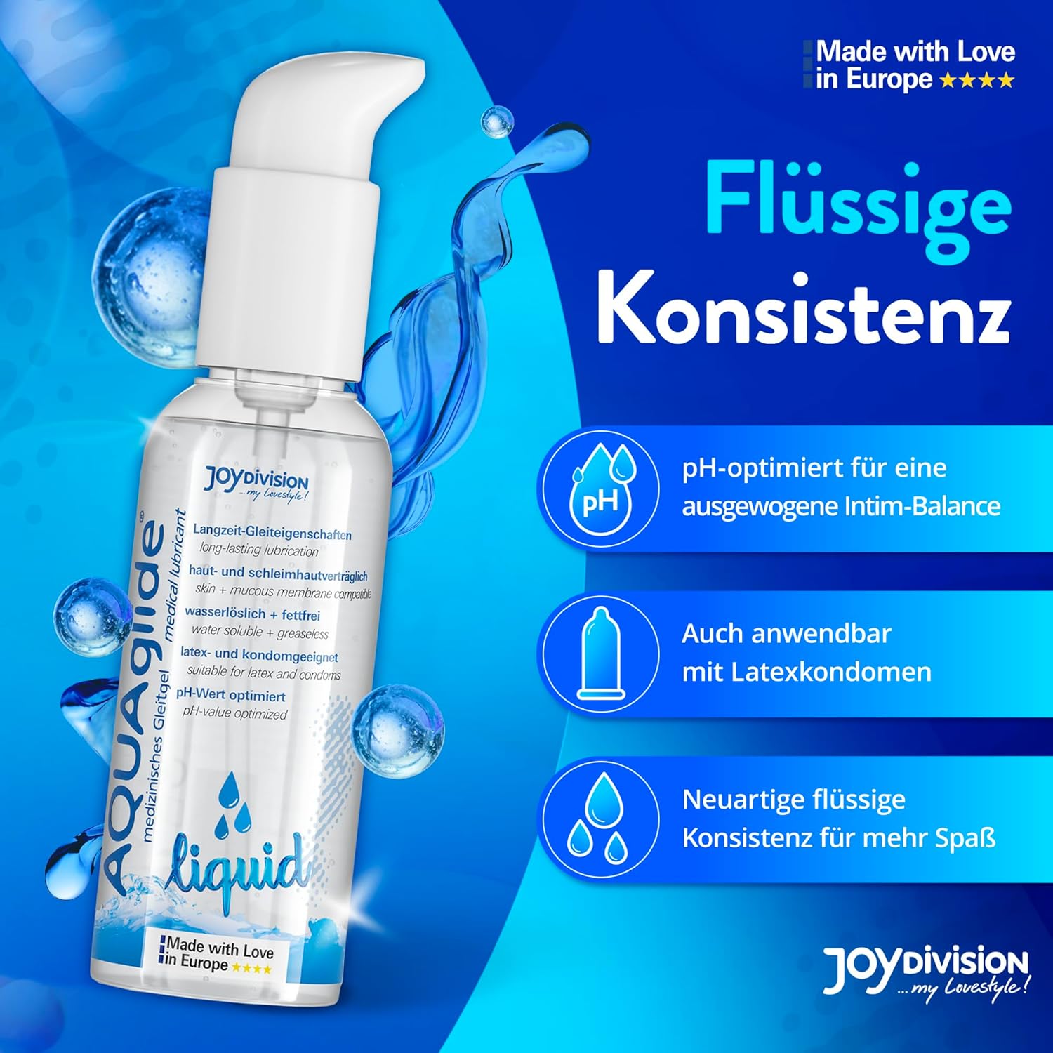 AQUAglide Liquid 125ml JoyDivision consistenta fluida crystal clear pH optim fara parfum testat clinic dermatologic Germania