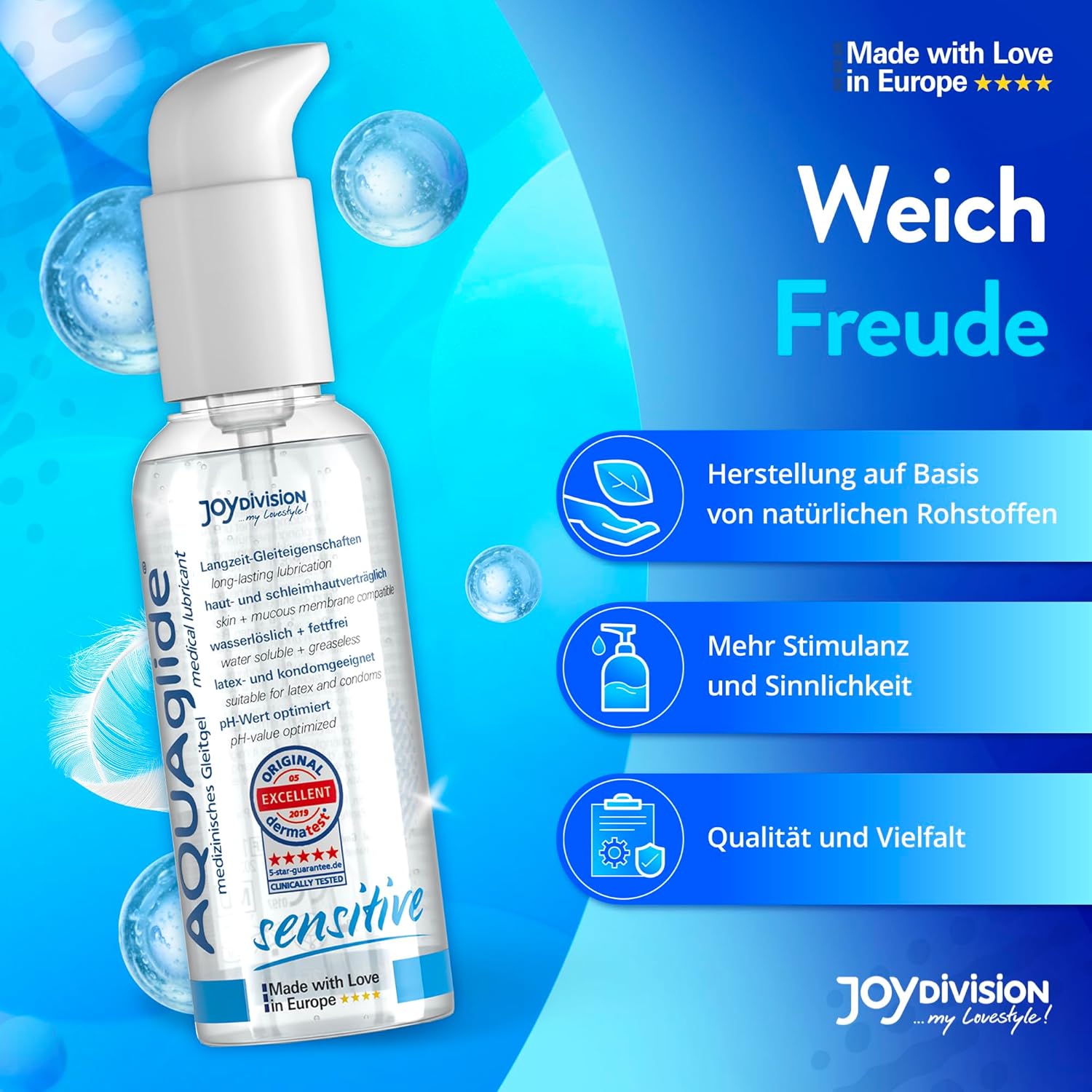 AQUAglide Sensitive JoyDivision 125ml sticla ingrediente INCI complete siguranta utilizare pastrare lubrifiant medical