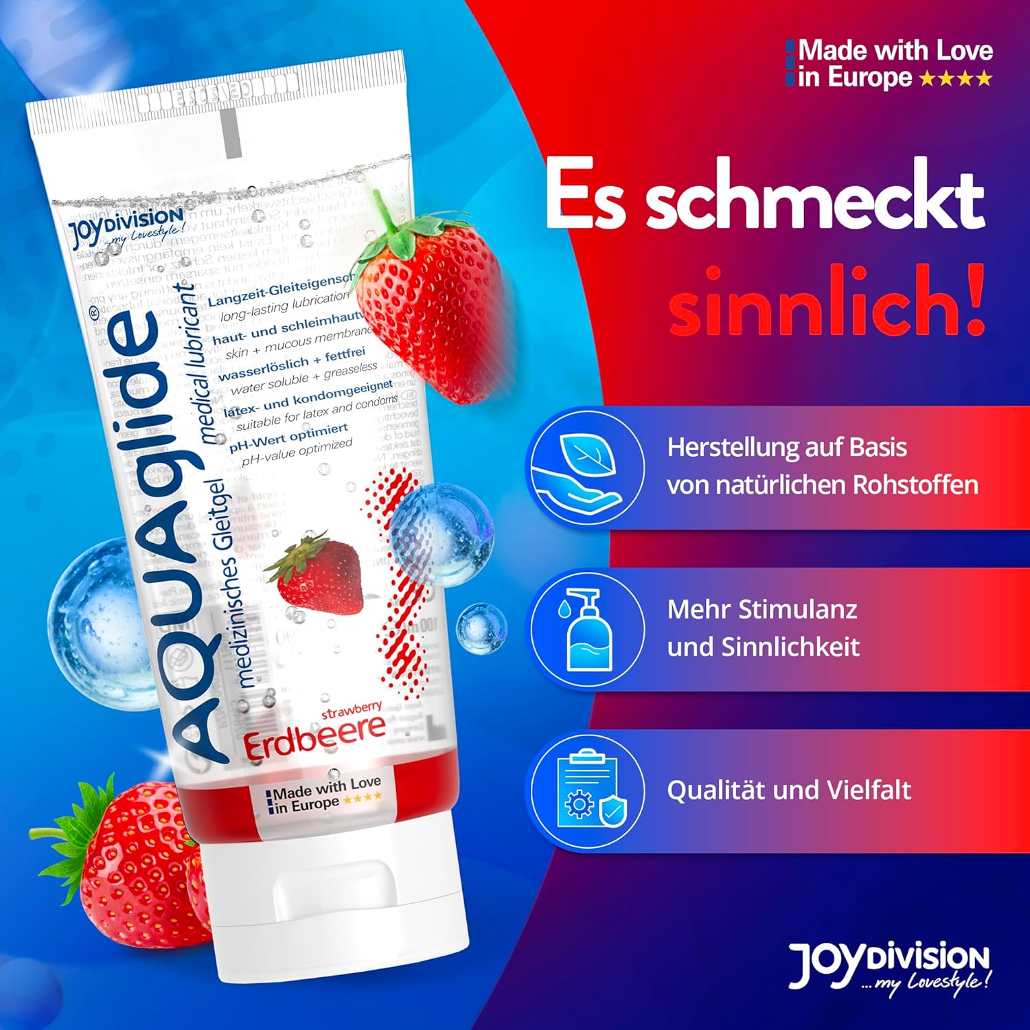 JoyDivision AQUAglide Capsuni 100ml lubrifiant aromat food grade strawberry compatibil latex silicon jucarii sex