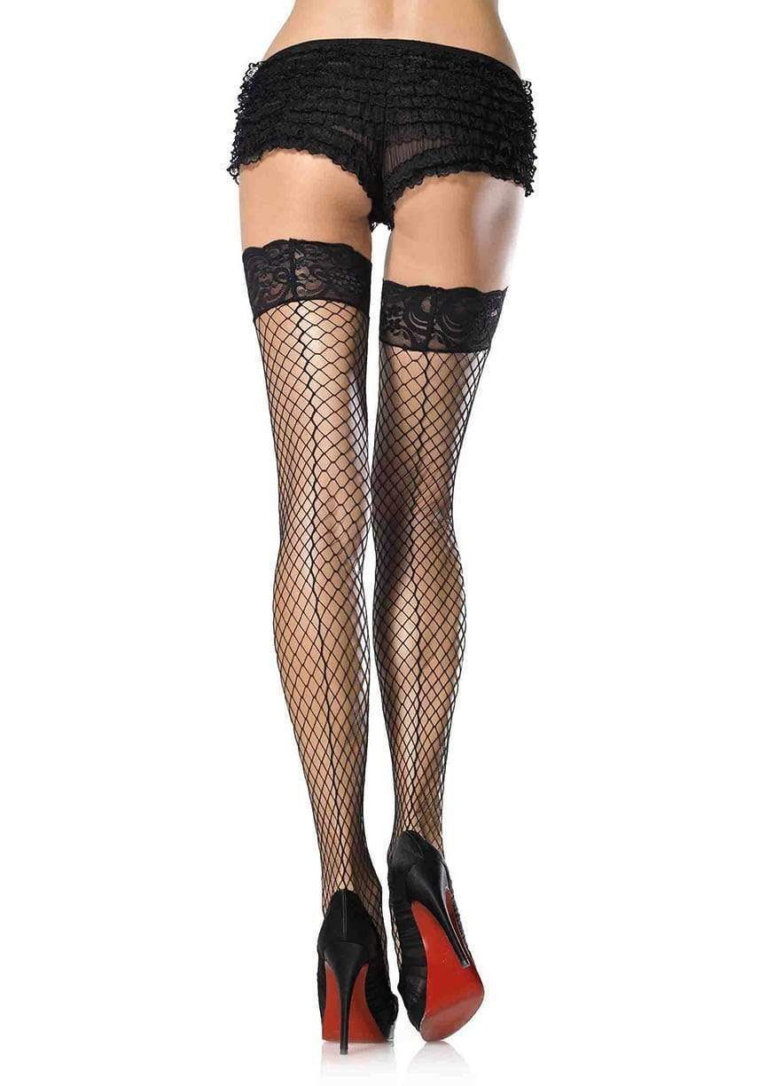 Ciorapi plasa Lori Net Leg Avenue negri thigh-high auto-portanti stay-up bordura dantela florala cusatura la spate Lycra elastan marime S-L vedere spate