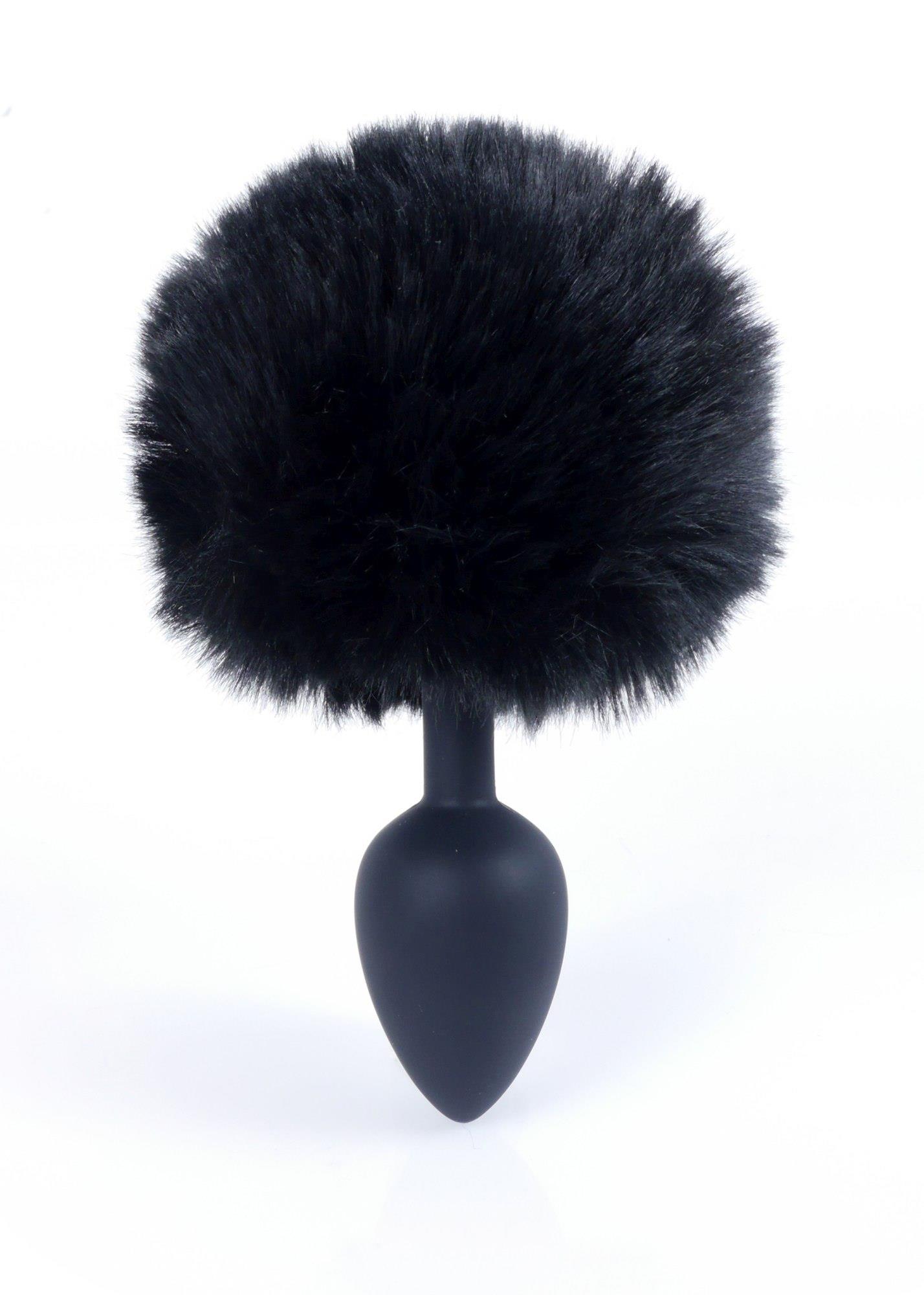Plug anal Bunny Tail Black fotografiat din profil, cu forma conica si coada atasata