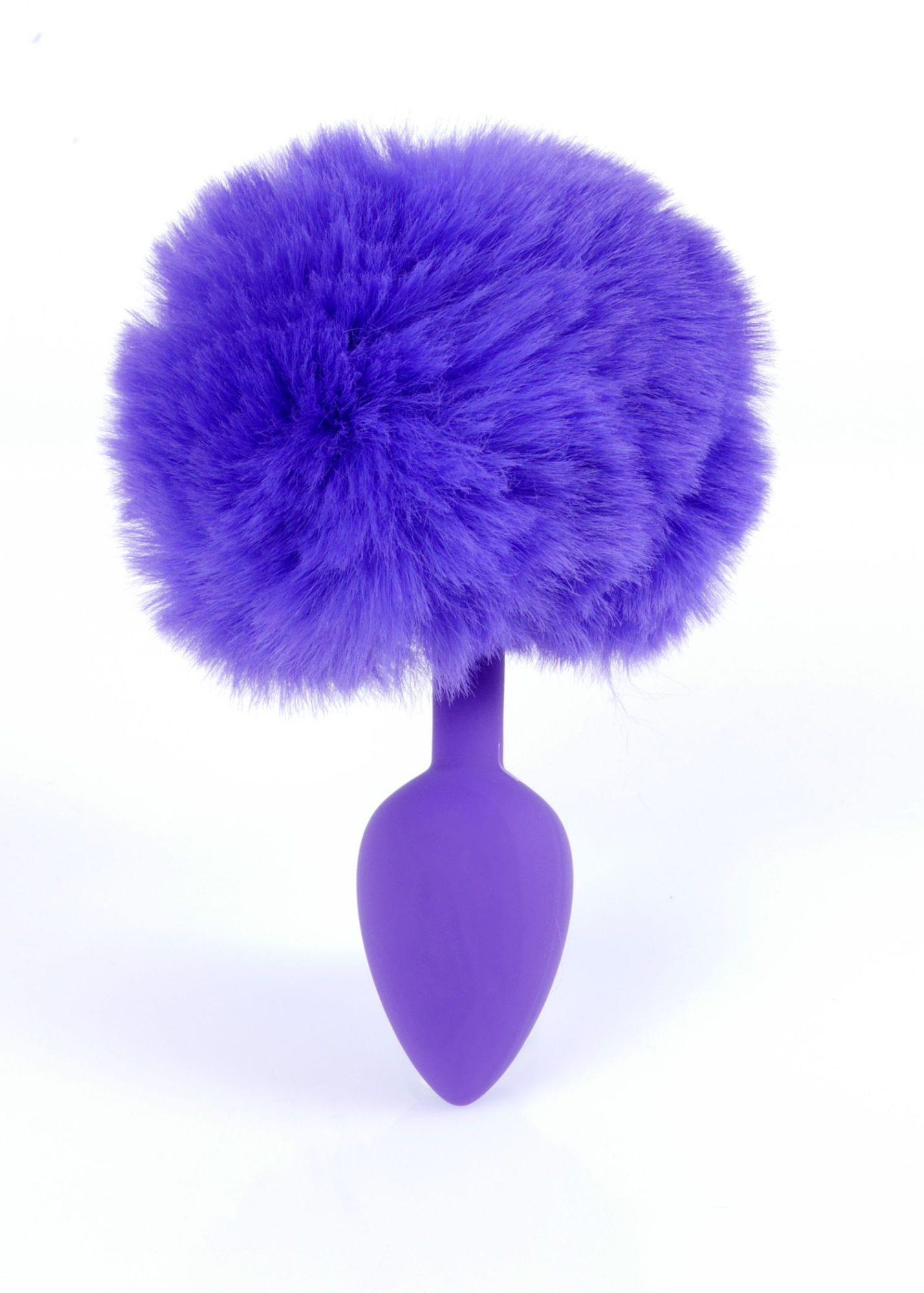 Plug anal cu coada pufoasa violet stil bunny tail, vazut din fata