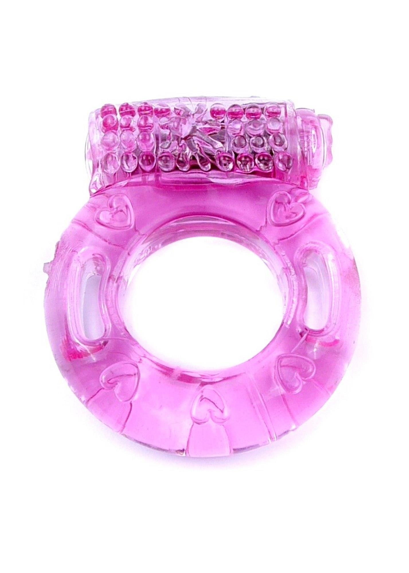 Inel vibrator pentru penis, roz translucid, cu modul vibrator si model inimioare