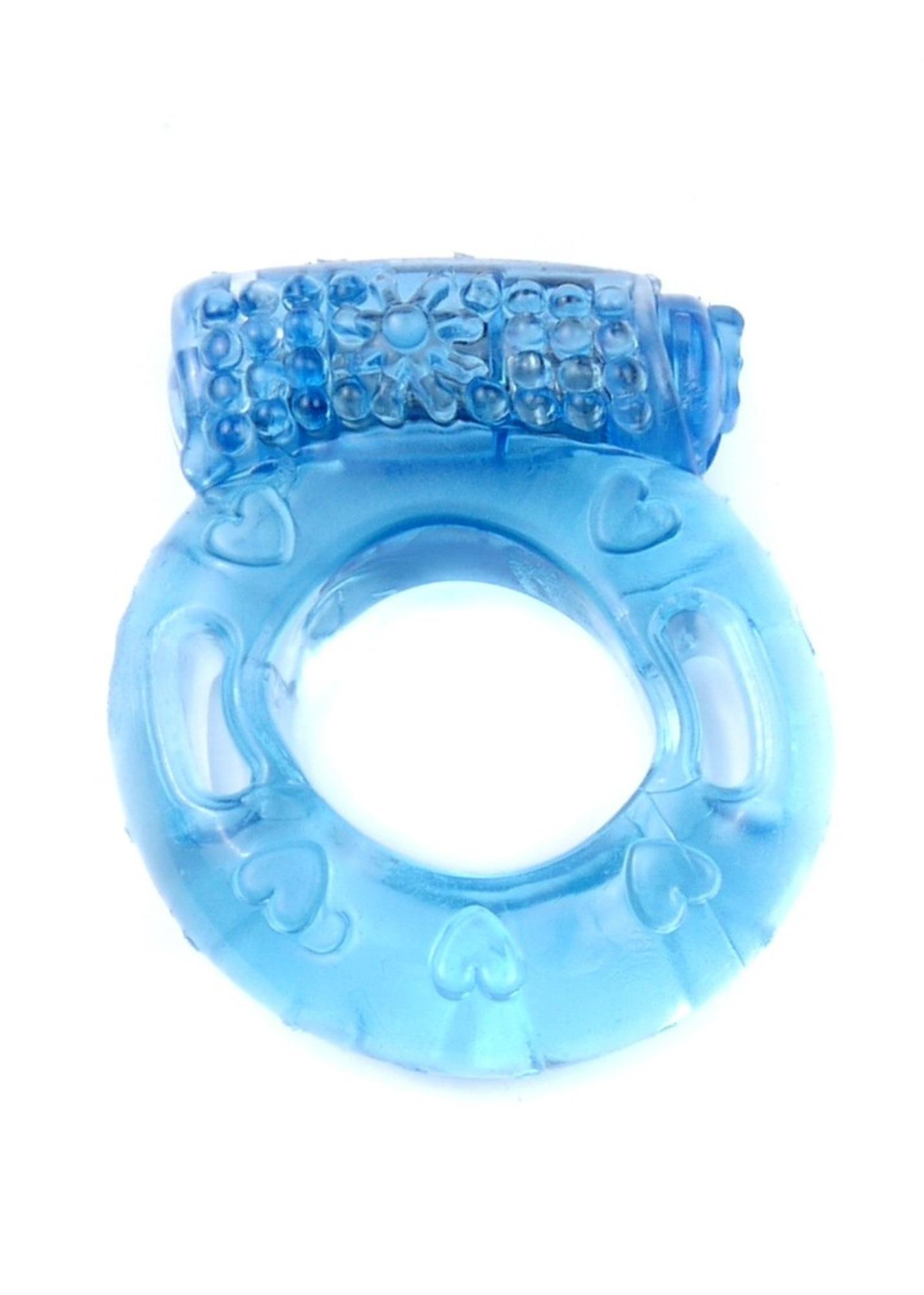 Inel vibrator pentru penis, albastru translucid, cu modul vibrator si model inimioare