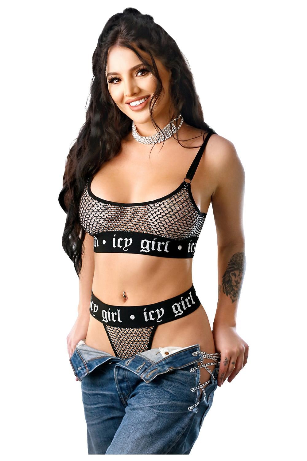 Set Lenjerie Fishnet Metalic Fantasy Lingerie Icy Girl Negru
