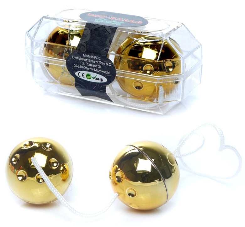 Bile Vaginale Duo Balls Gold, Auriu - cutia de prezentare si cele doua bile scoase din ambalaj cu snurul de recuperare
