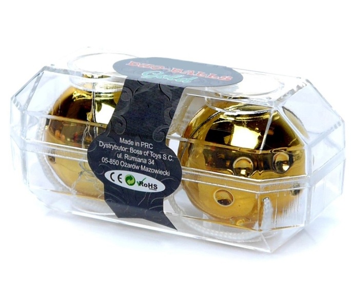 Bile Vaginale Duo Balls Gold, Auriu - cutia de ambalaj vazuta lateral, cu eticheta produsului si datele distribuitorului