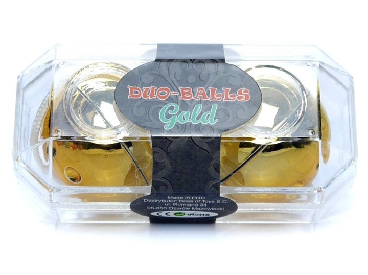 Bile Vaginale Duo Balls Gold, Auriu - cutia de ambalaj vazuta din fata, cu eticheta Duo-Balls Gold