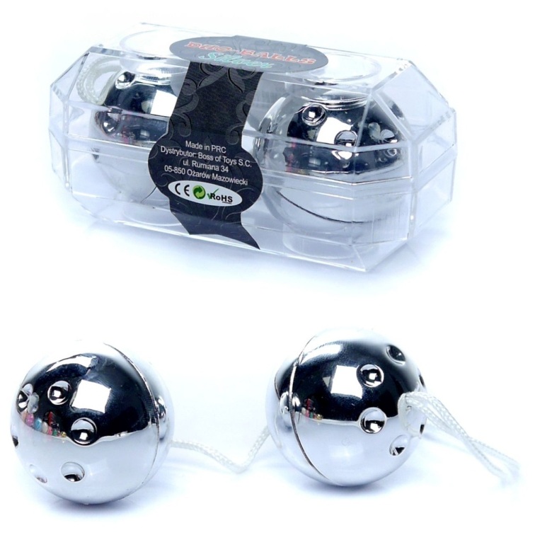 Bile Vaginale Duo Balls Silver, Argintiu - cutia de prezentare si cele doua bile scoase din ambalaj cu snurul de recuperare