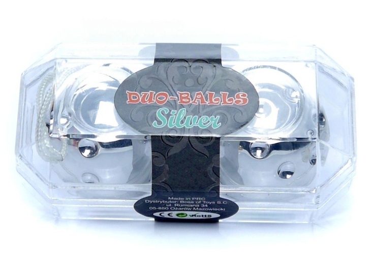 Bile Vaginale Duo Balls Silver, Argintiu - cutia de ambalaj vazuta din fata, cu eticheta Duo-Balls Silver