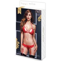 Set Lacy sutien cu portjartier si deschidere intre picioare, 3 piese, rosu