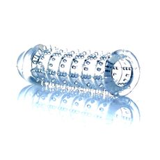 Stimulator Penis Sleeve cu tepi si cap Transparent, detaliu al tepilor si texturii de pe suprafata