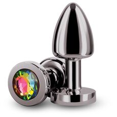 Plug Anal Rear Assets Petite negru, detaliu cu cristalul multicolor fatetat la baza