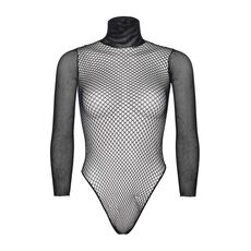 Bodysuit Maneci Lungi Fishnet Negru Leg Avenue, produs pe fundal alb